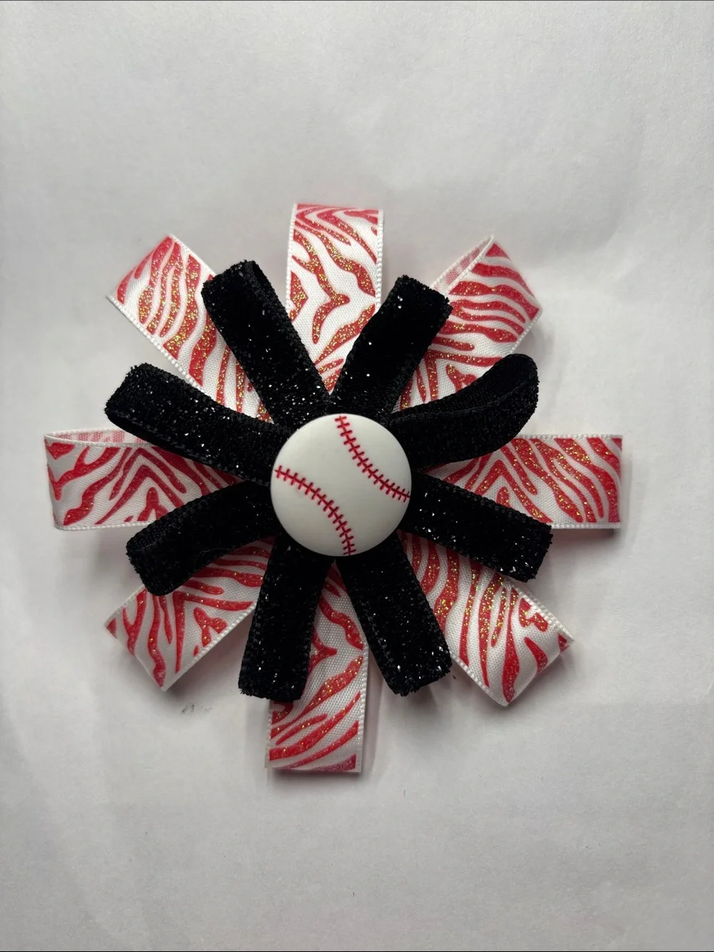 Handmade Red Zebra Baseball Hair Bow